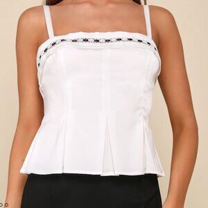 Lulus White Crochet Lace Pleated Ribbon Tank Top - XL